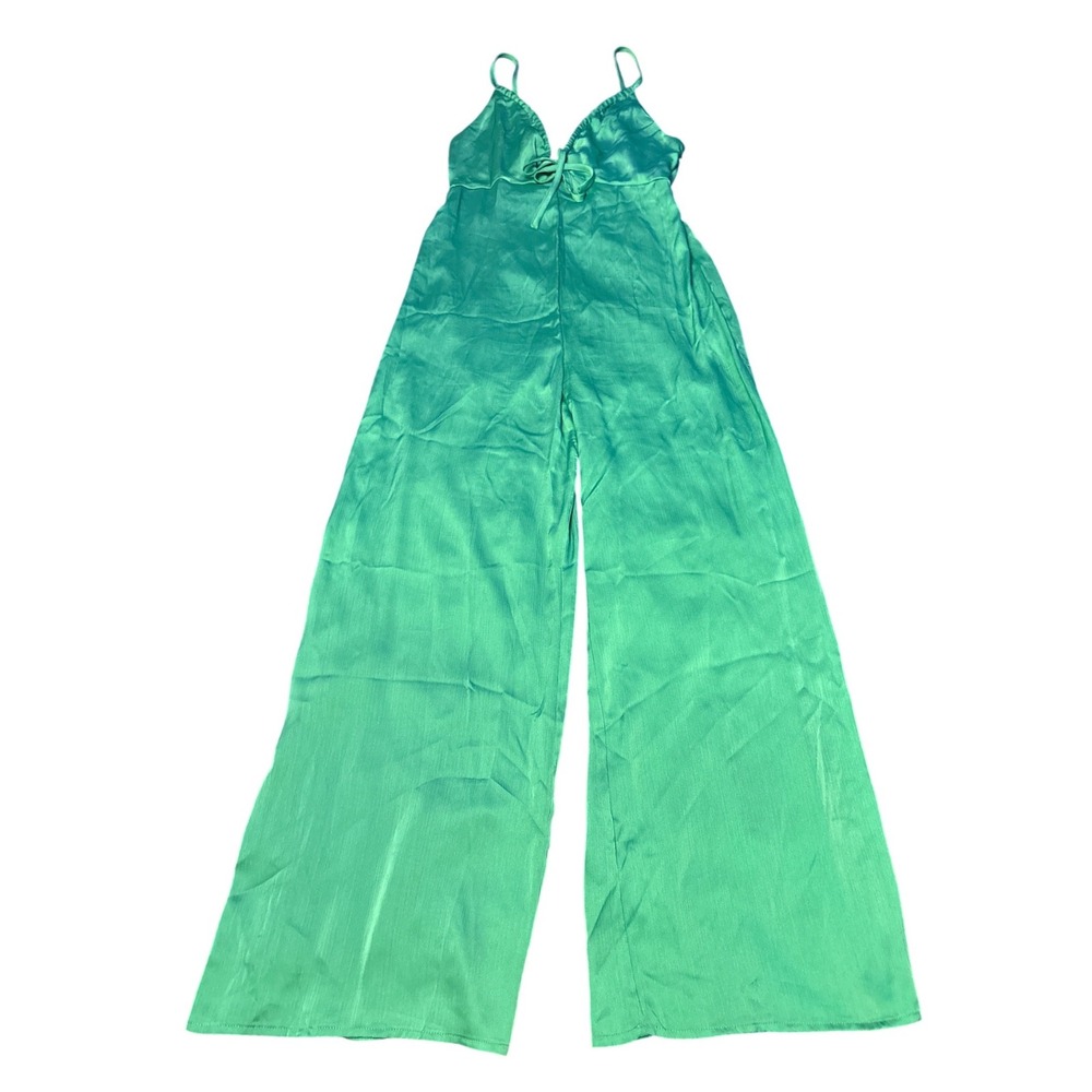 Wild Fable Womens Green Satin Wide Leg Jumpsuit Tie Front Sleeveless‎ Size M